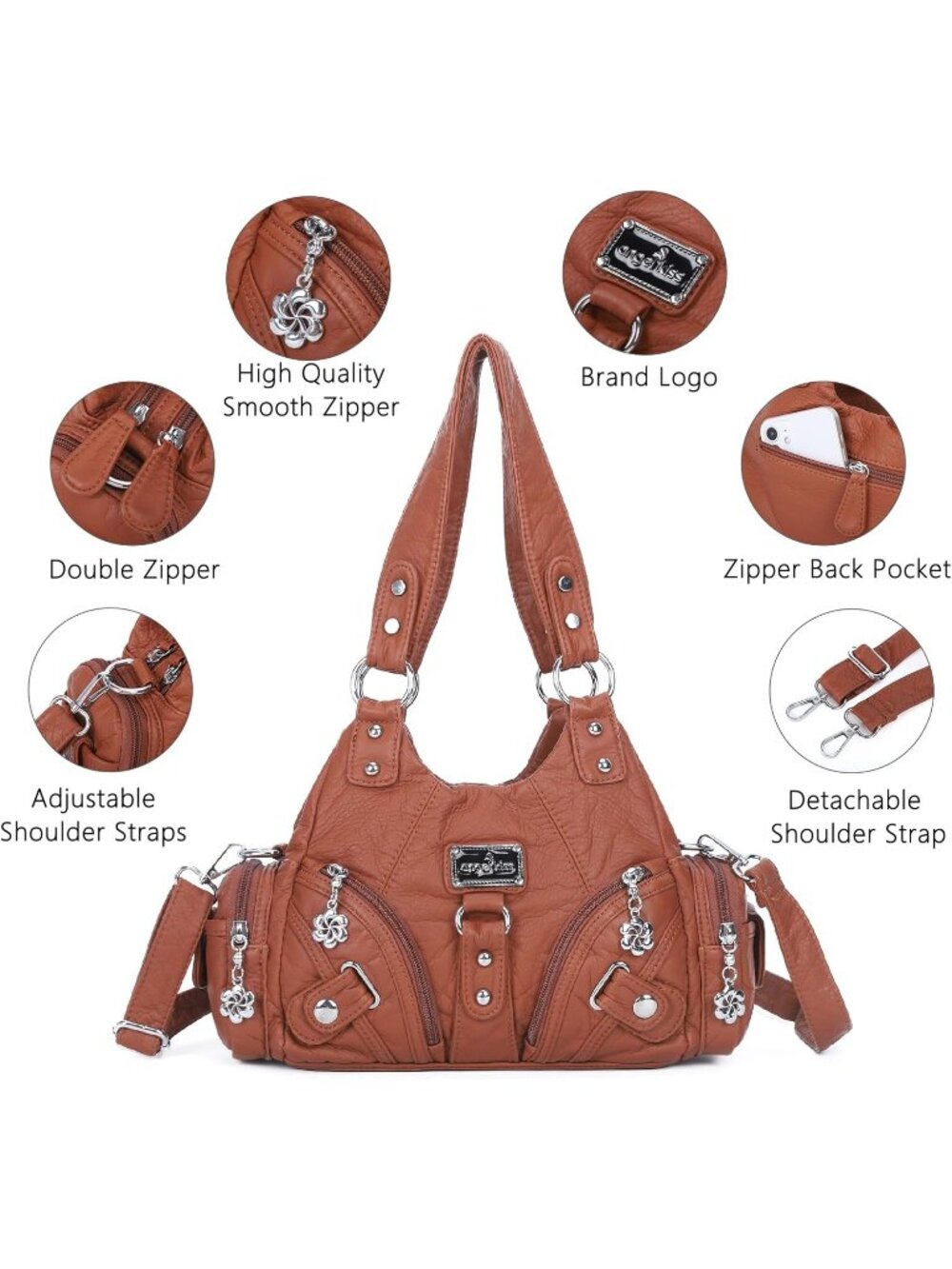 Women's 02-Brown PU leather Zipper Multi-Pocket Small Hobo Shoulder Bag - Picture 5 of 6